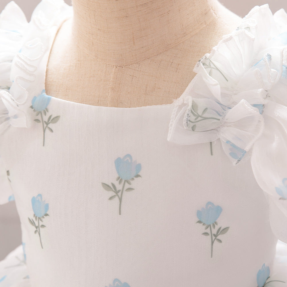 Princess Fairy Toddler Tulle Dress with Bow & Floral Print – A-Line Party & Flower Girl Gown