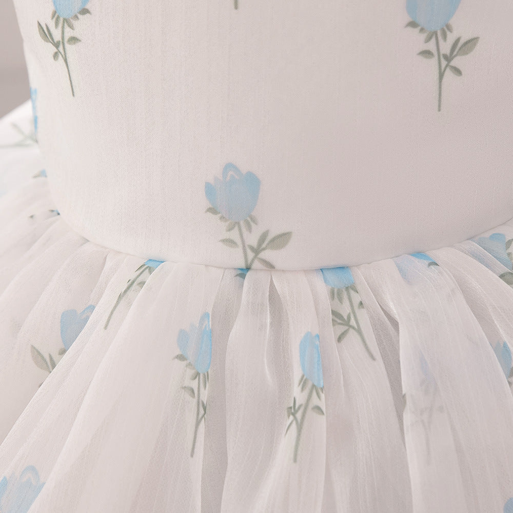 Princess Fairy Toddler Tulle Dress with Bow & Floral Print – A-Line Party & Flower Girl Gown