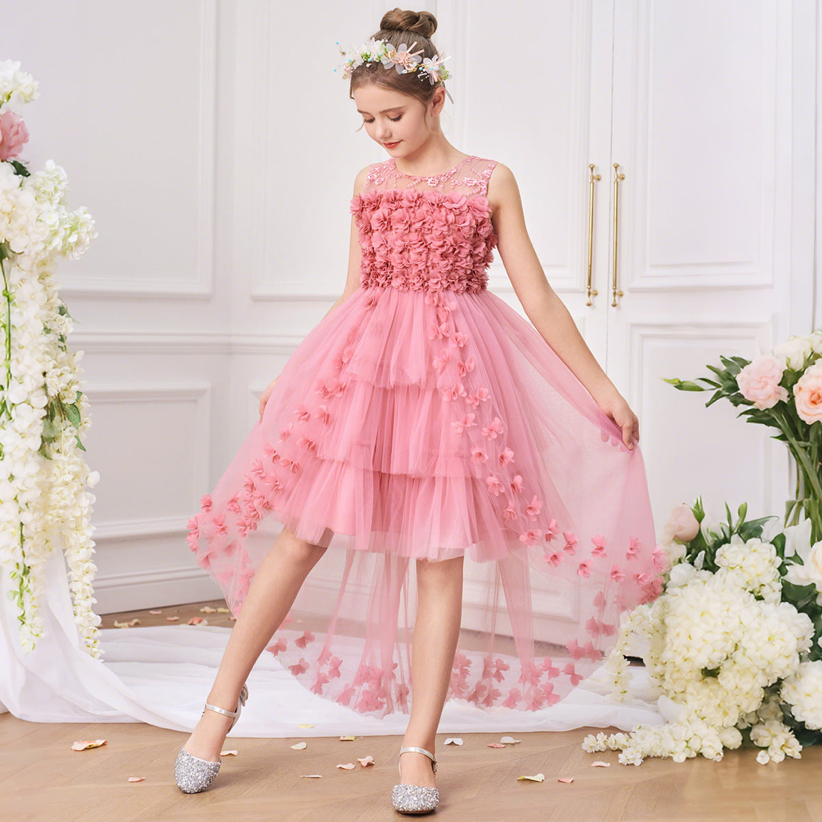 Princess & Fairy High-Low Tulle Dress with Floral Embroidery for Girls Aged 5-13