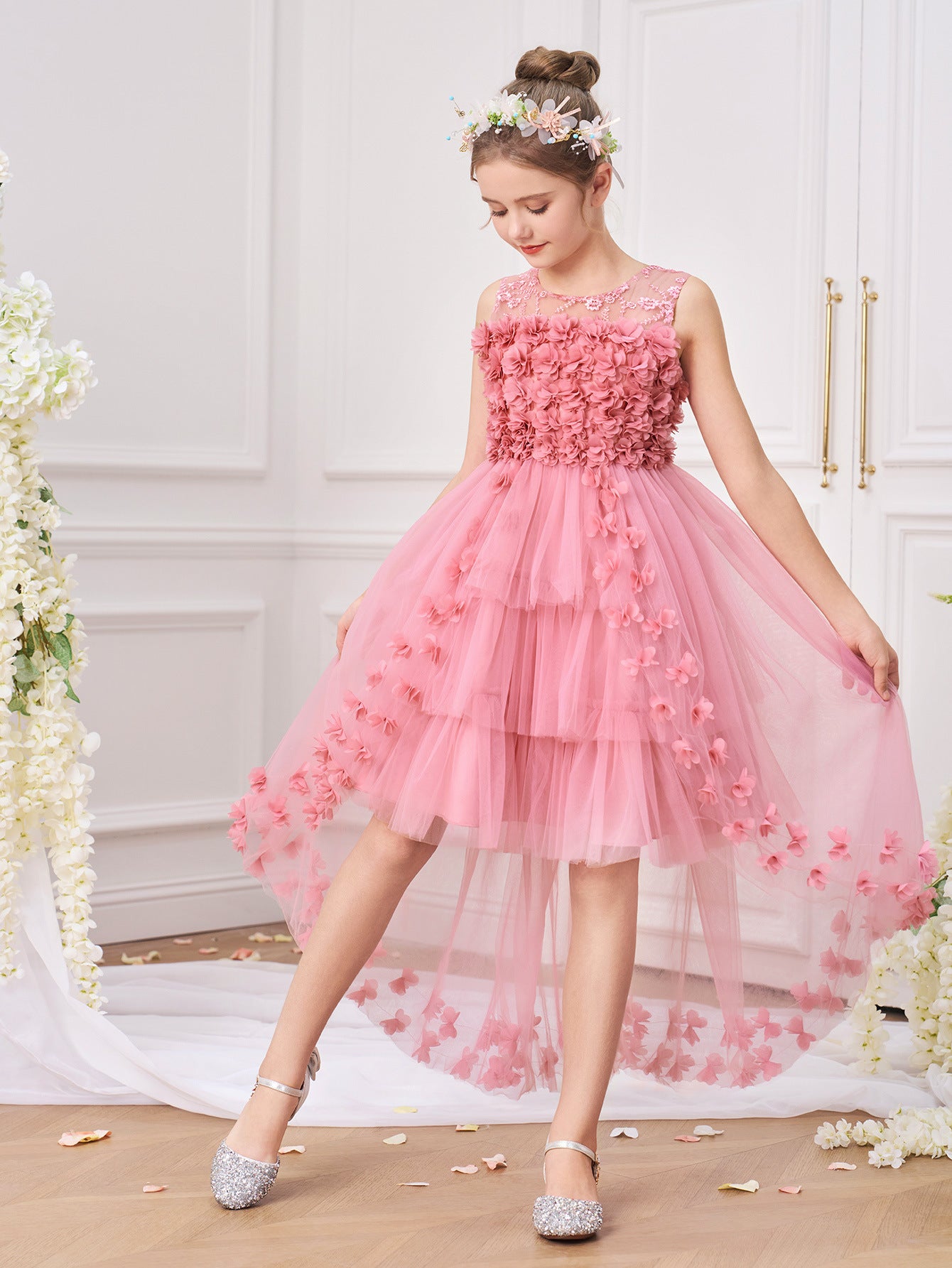 Princess & Fairy High-Low Tulle Dress with Floral Embroidery for Girls Aged 5-13