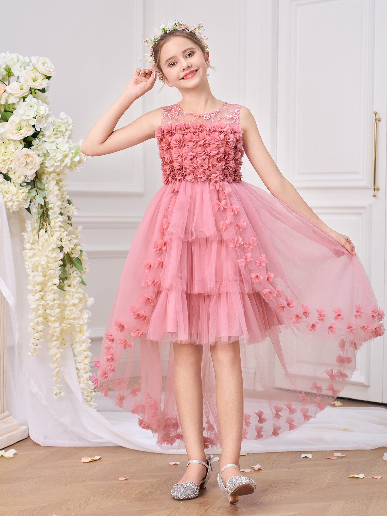 Princess & Fairy High-Low Tulle Dress with Floral Embroidery for Girls Aged 5-13