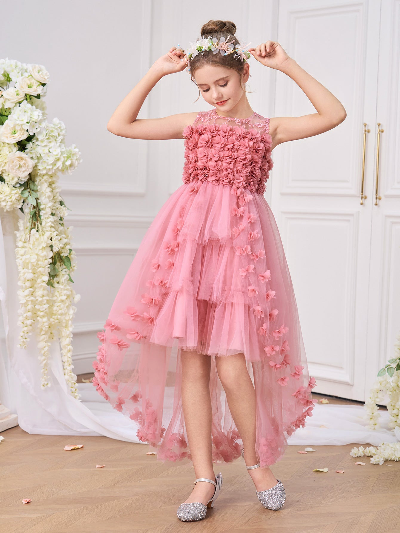 Princess & Fairy High-Low Tulle Dress with Floral Embroidery for Girls Aged 5-13