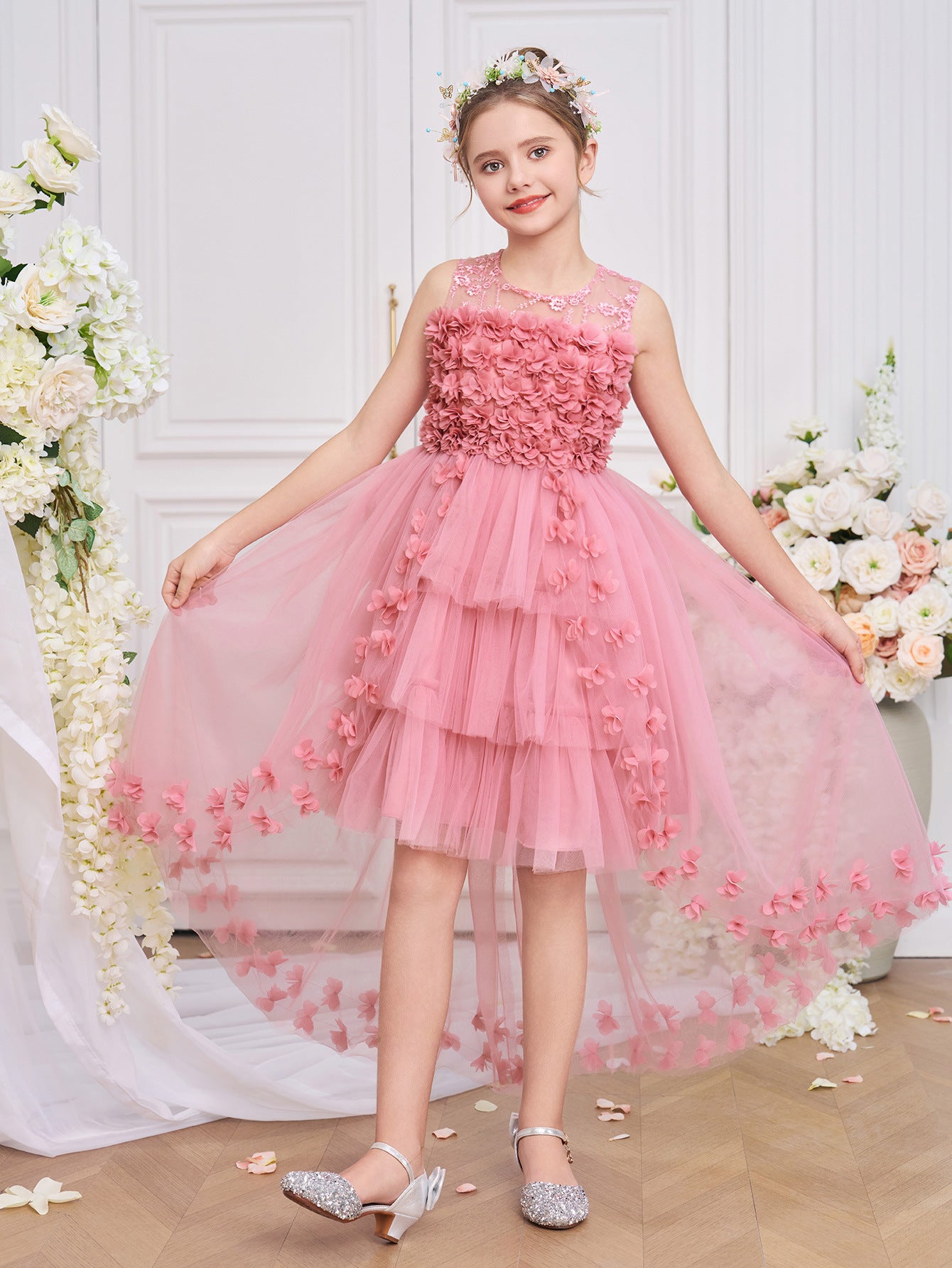 Princess & Fairy High-Low Tulle Dress with Floral Embroidery for Girls Aged 5-13