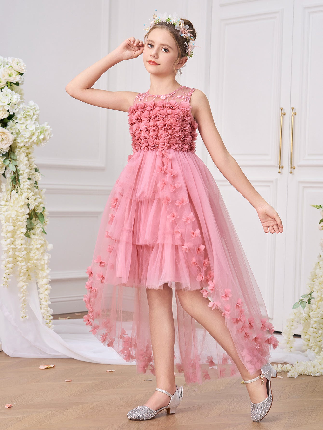 Princess & Fairy High-Low Tulle Dress with Floral Embroidery for Girls Aged 5-13