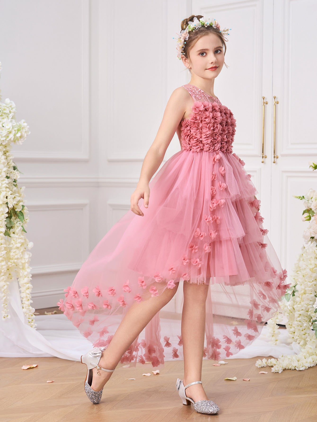 Princess & Fairy High-Low Tulle Dress with Floral Embroidery for Girls Aged 5-13