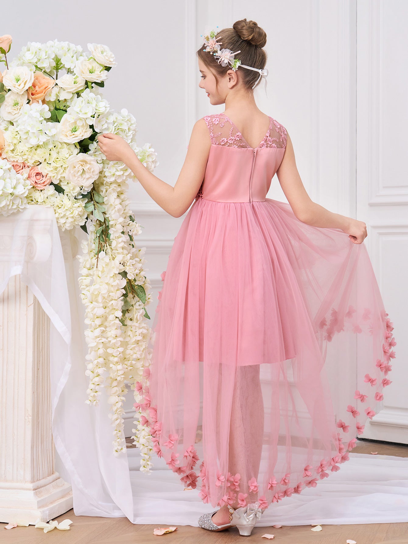 Princess & Fairy High-Low Tulle Dress with Floral Embroidery for Girls Aged 5-13