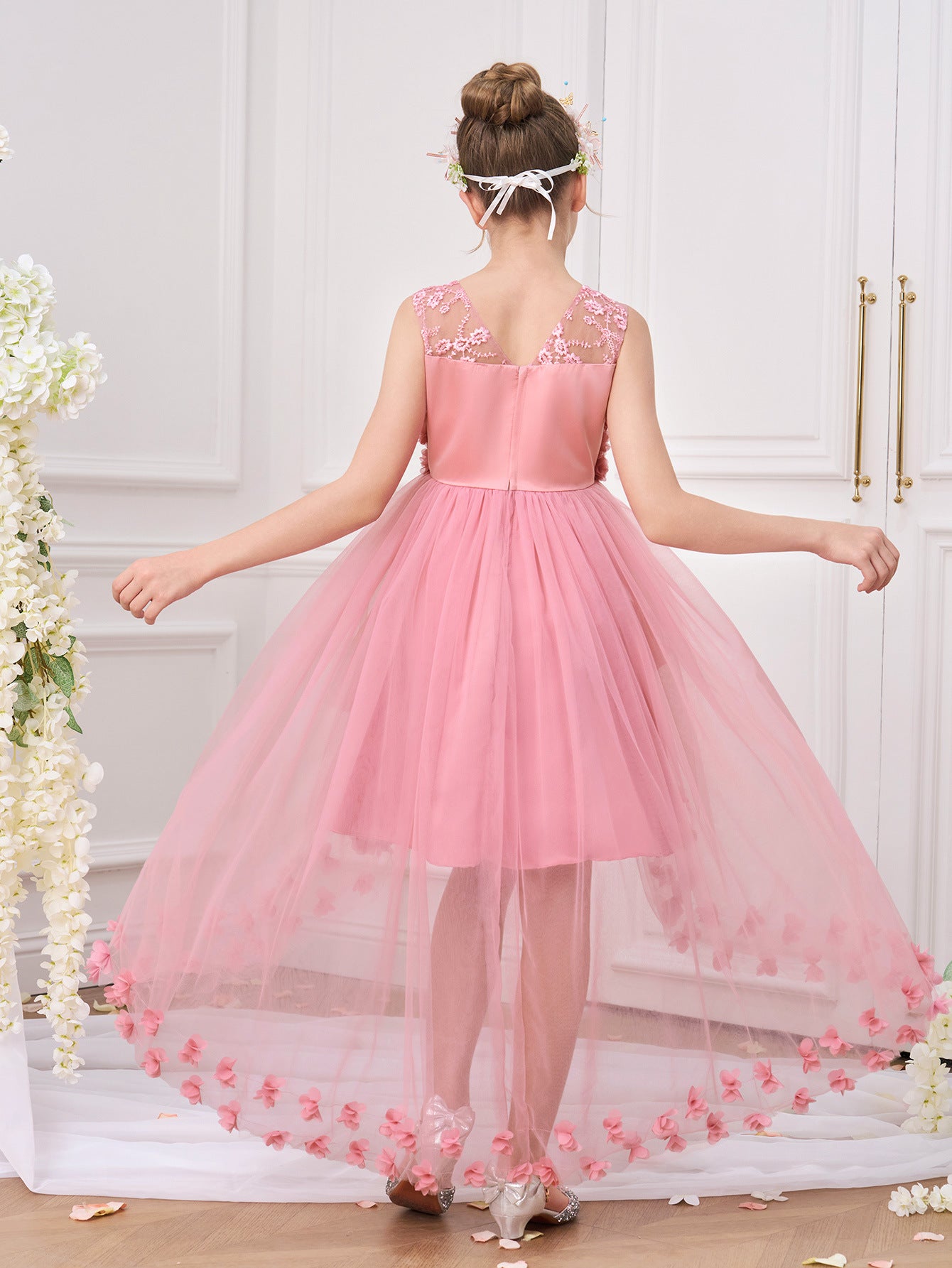 Princess & Fairy High-Low Tulle Dress with Floral Embroidery for Girls Aged 5-13