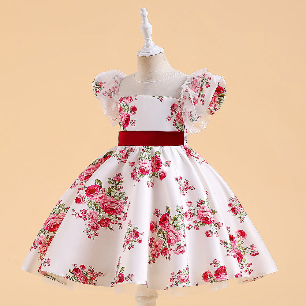 Princess Floral Print Puffy Sleeve Ball Gown for Girls – Tea Length Satin Dress