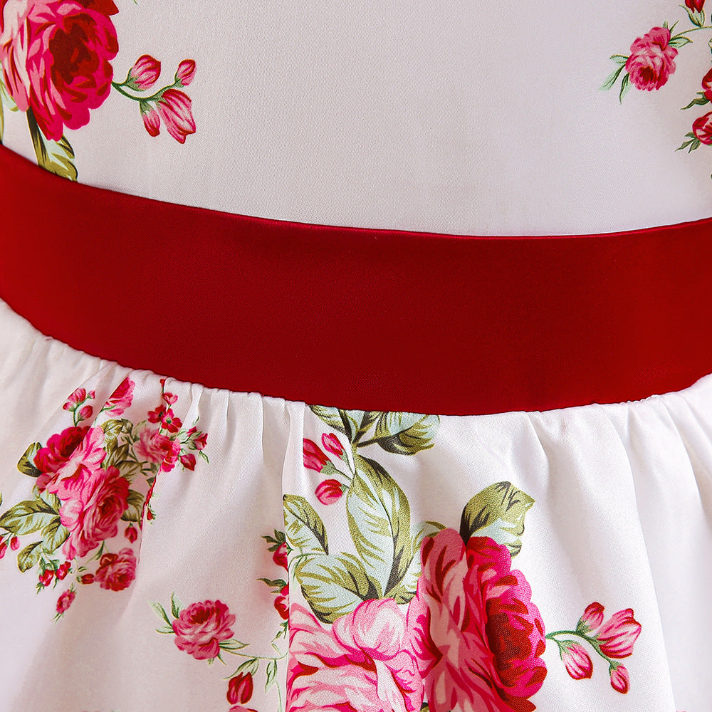 Princess Floral Print Puffy Sleeve Ball Gown for Girls – Tea Length Satin Dress
