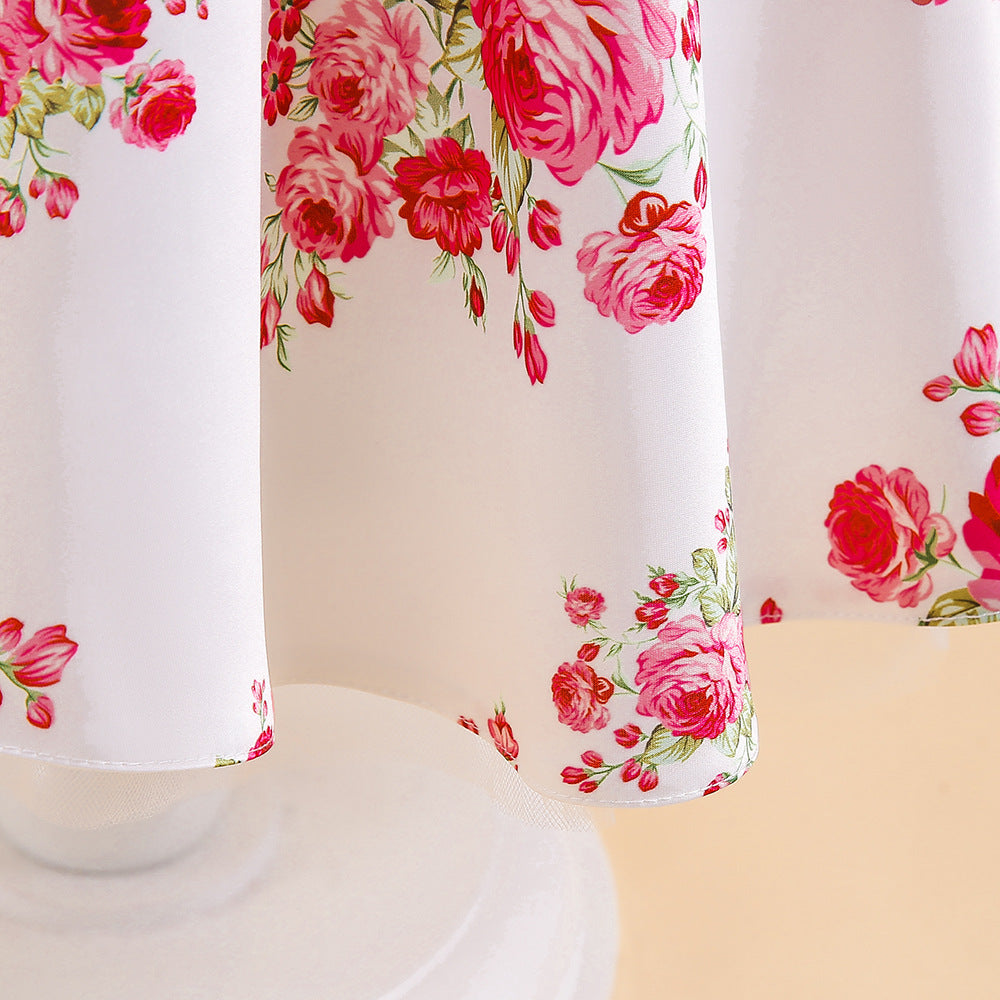 Princess Floral Print Puffy Sleeve Ball Gown for Girls – Tea Length Satin Dress