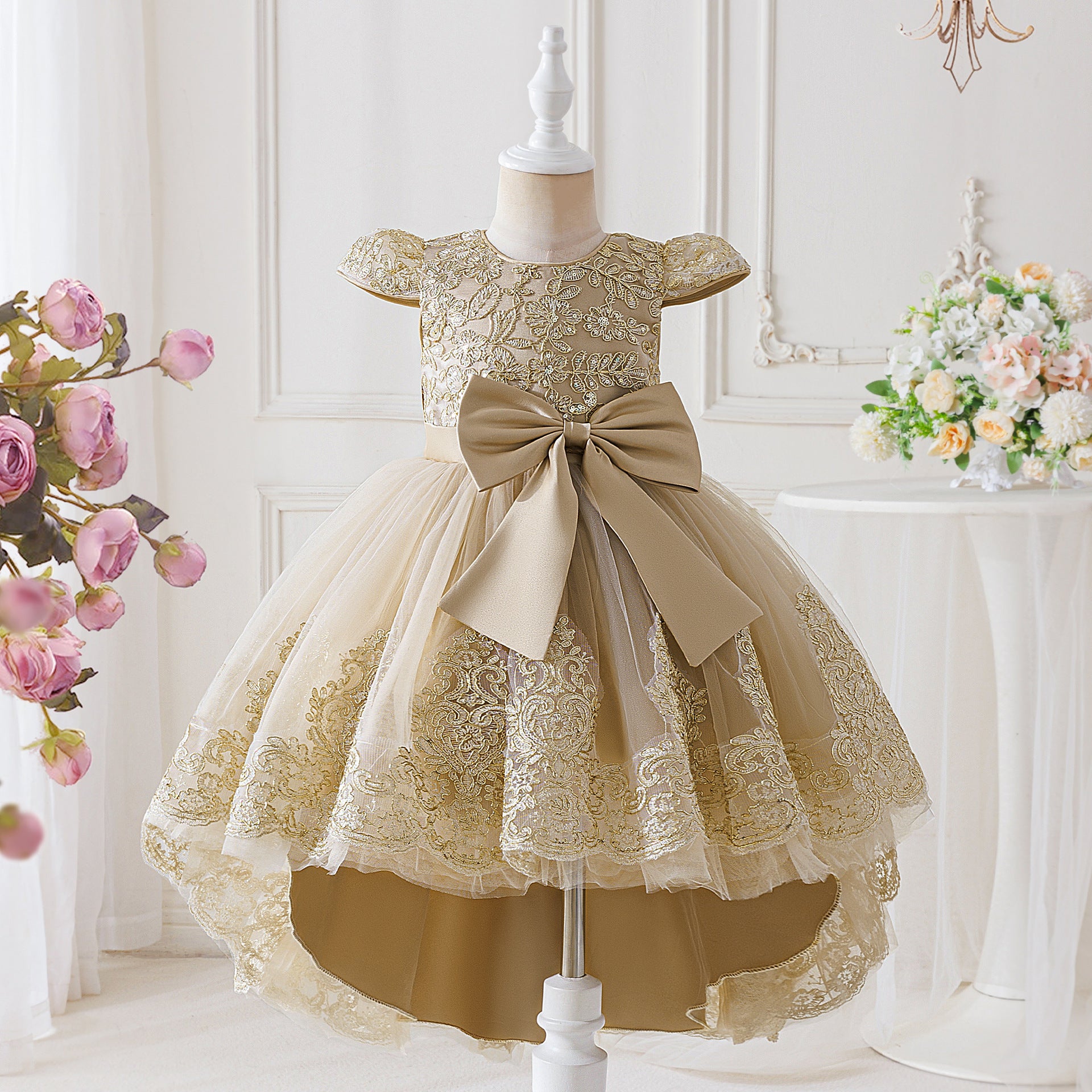 Frocklet Champagne Princess High-Low Ball Gown Dress for Girls | Puffy Tulle & Lace Party Dress 1