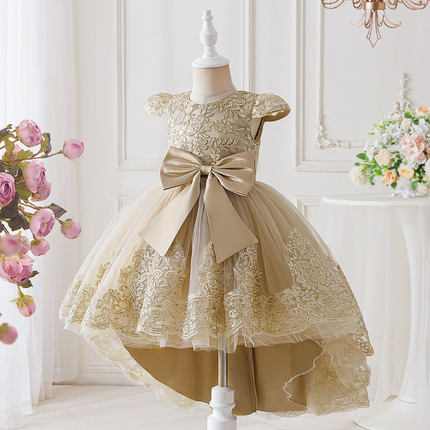 Frocklet Champagne Princess High-Low Ball Gown Dress for Girls | Puffy Tulle & Lace Party Dress 2