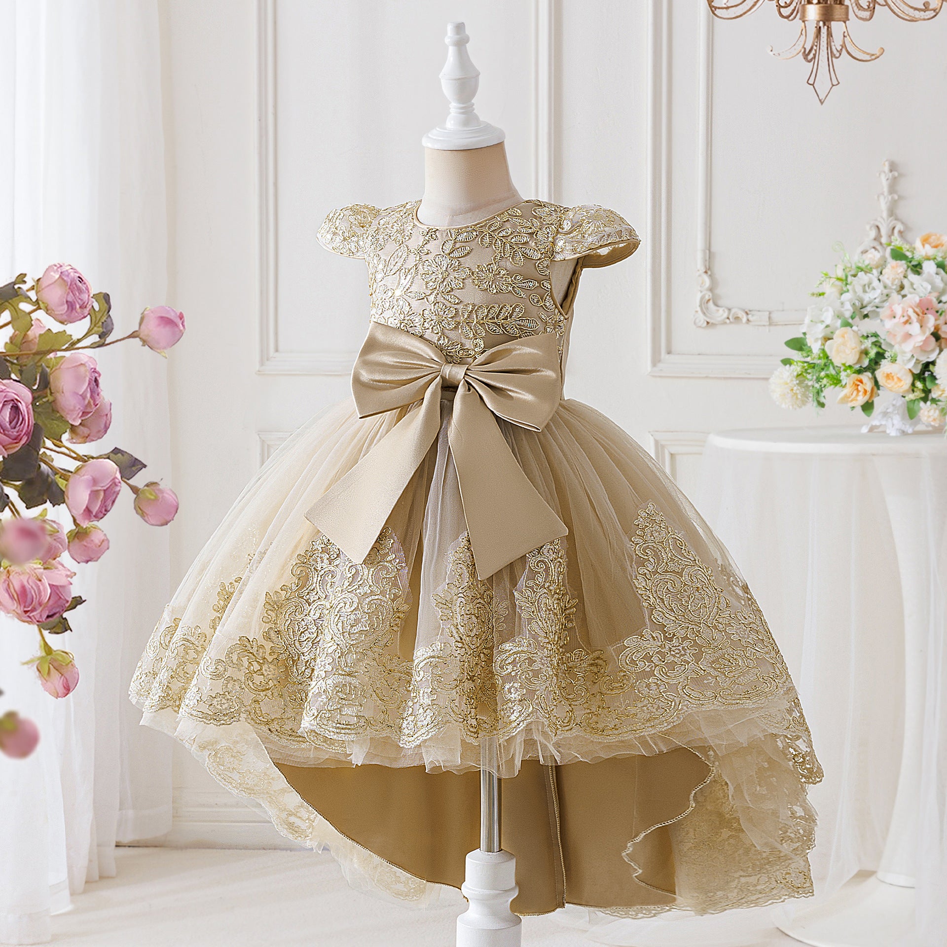 Frocklet Champagne Princess High-Low Ball Gown Dress for Girls | Puffy Tulle & Lace Party Dress 2