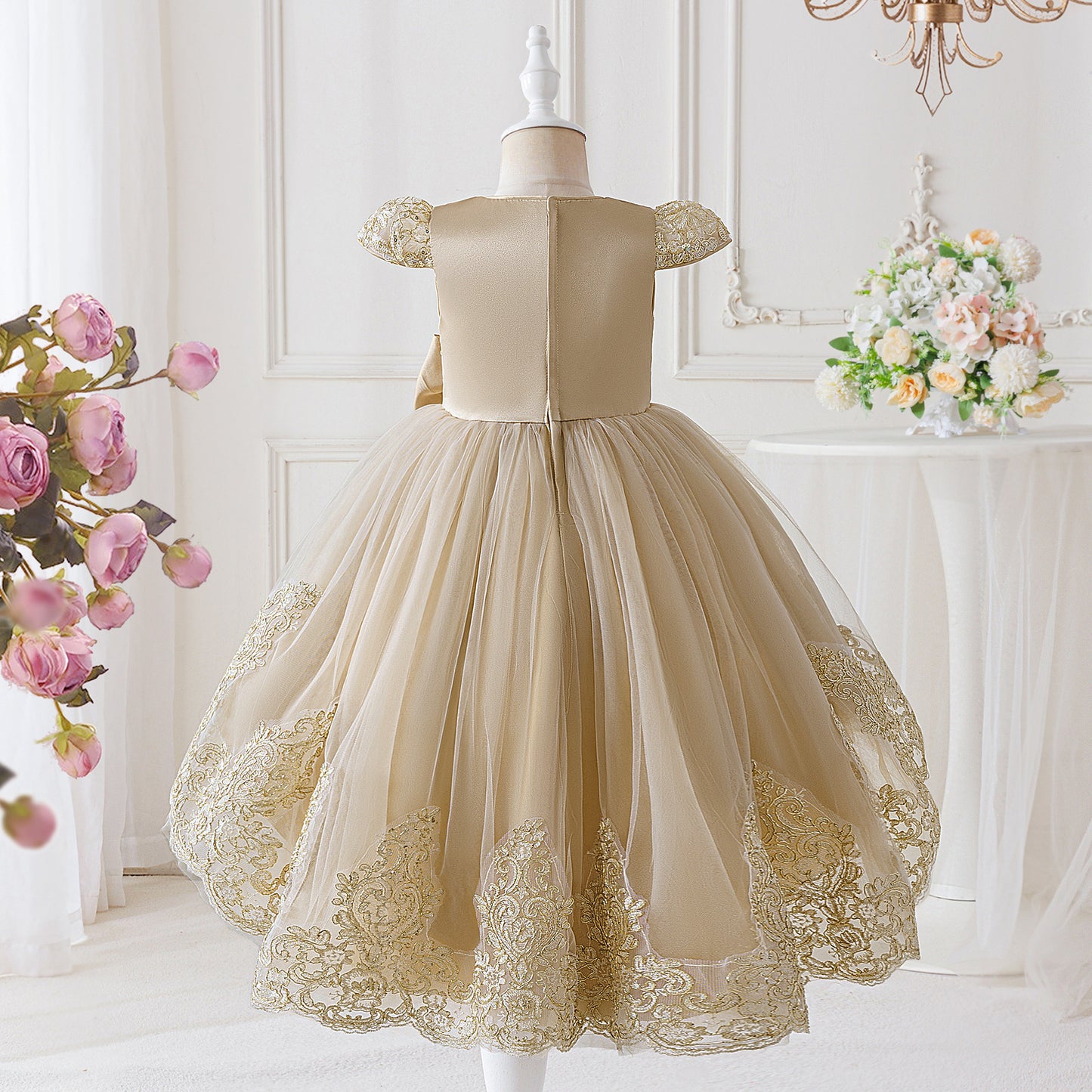 Frocklet Champagne Princess High-Low Ball Gown Dress for Girls | Puffy Tulle & Lace Party Dress 3
