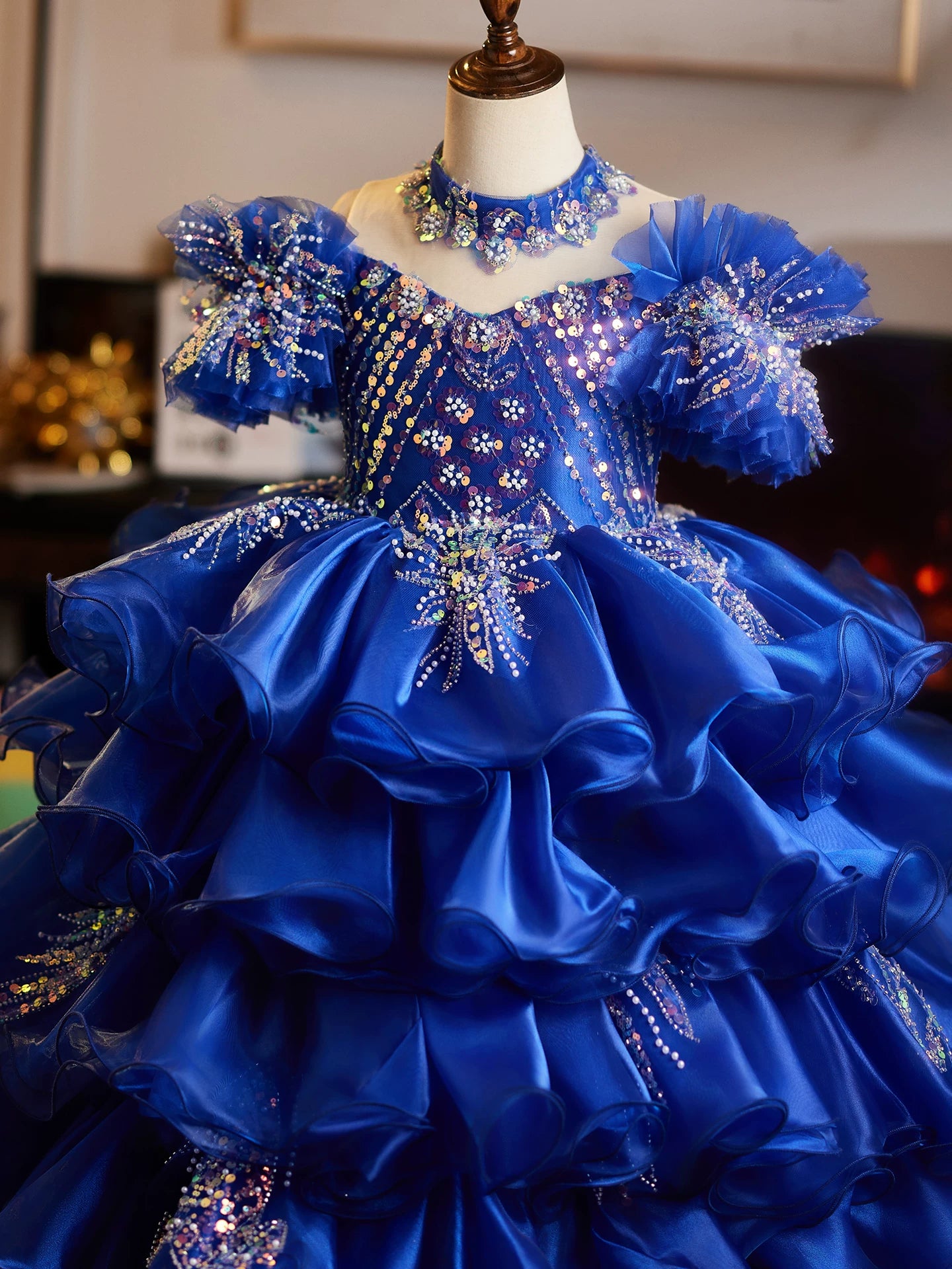 Girls Blue Princess Maxi Dress with Sequins & Beads | Layered Organza Gown for Parties & Weddings