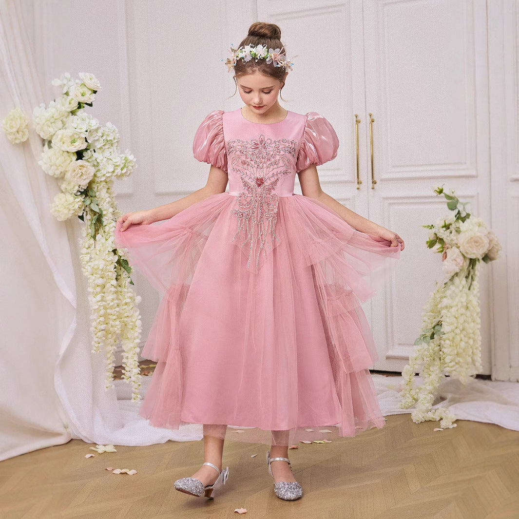Princess Pink Embroidered A-Line Tea Length Dress for Girls (Ages 5-13)