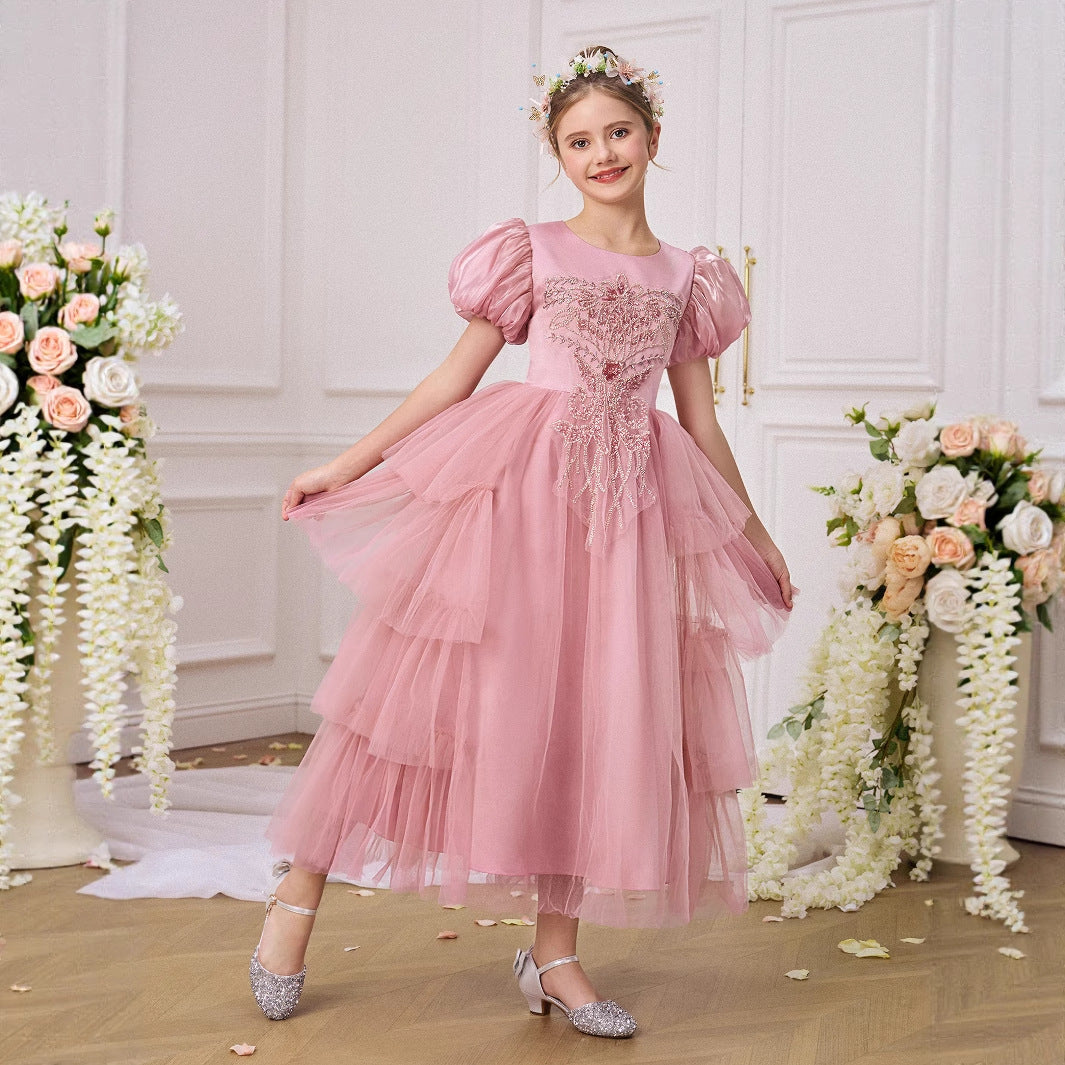 Princess Pink Embroidered A-Line Tea Length Dress for Girls (Ages 5-13)