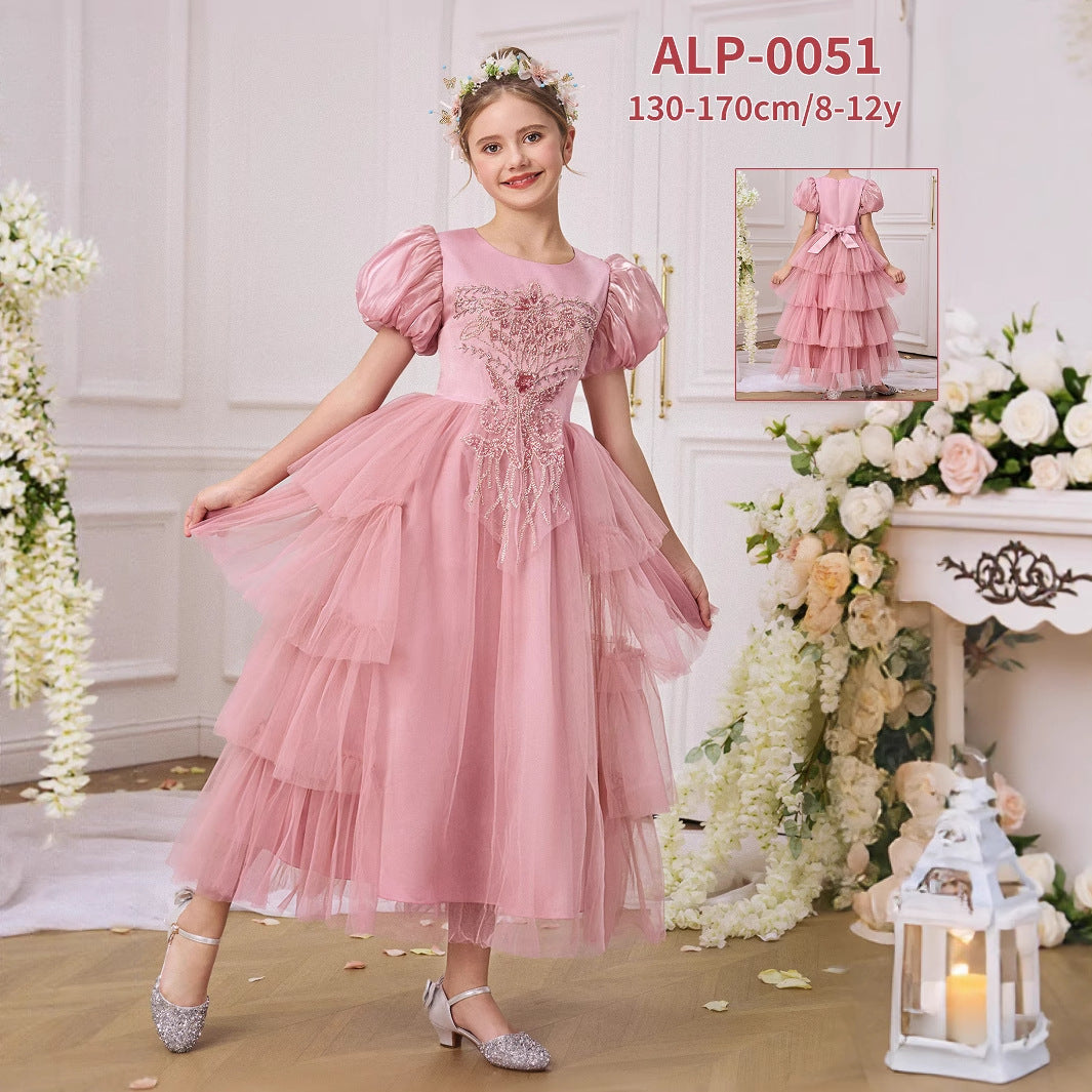 Princess Pink Embroidered A-Line Tea Length Dress for Girls (Ages 5-13)