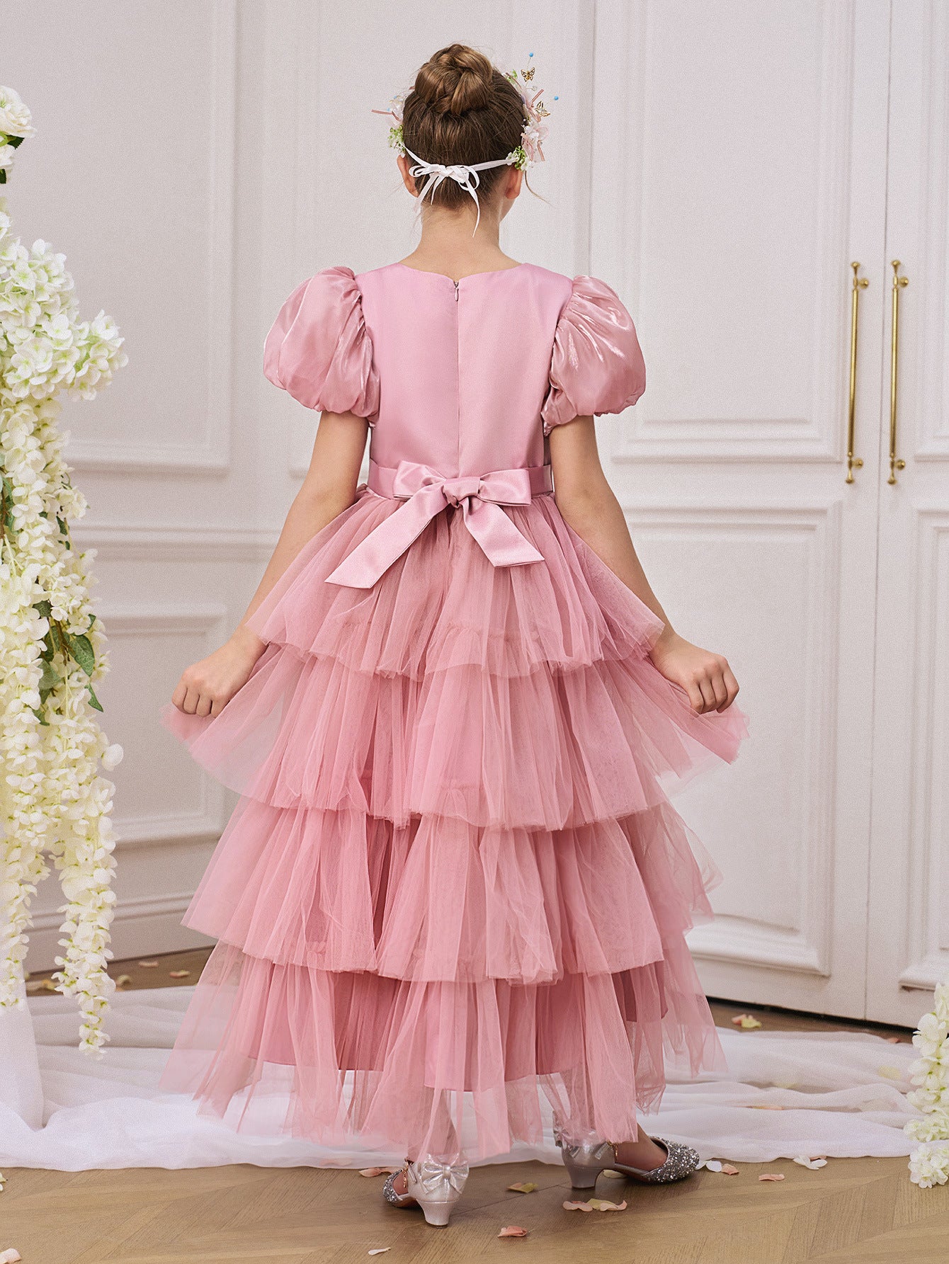Princess Pink Embroidered A-Line Tea Length Dress for Girls (Ages 5-13)