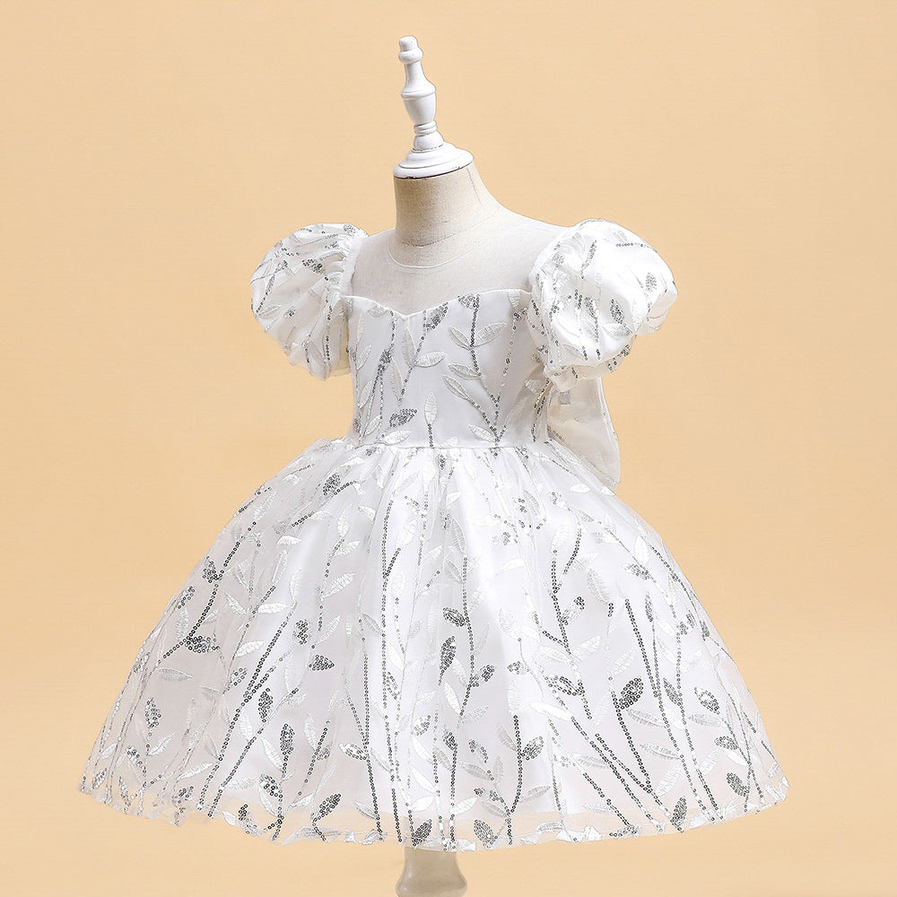 Princess Puffy Sleeve Bow Ball Gown Dress – Tea Length Flower Girl Party Gown