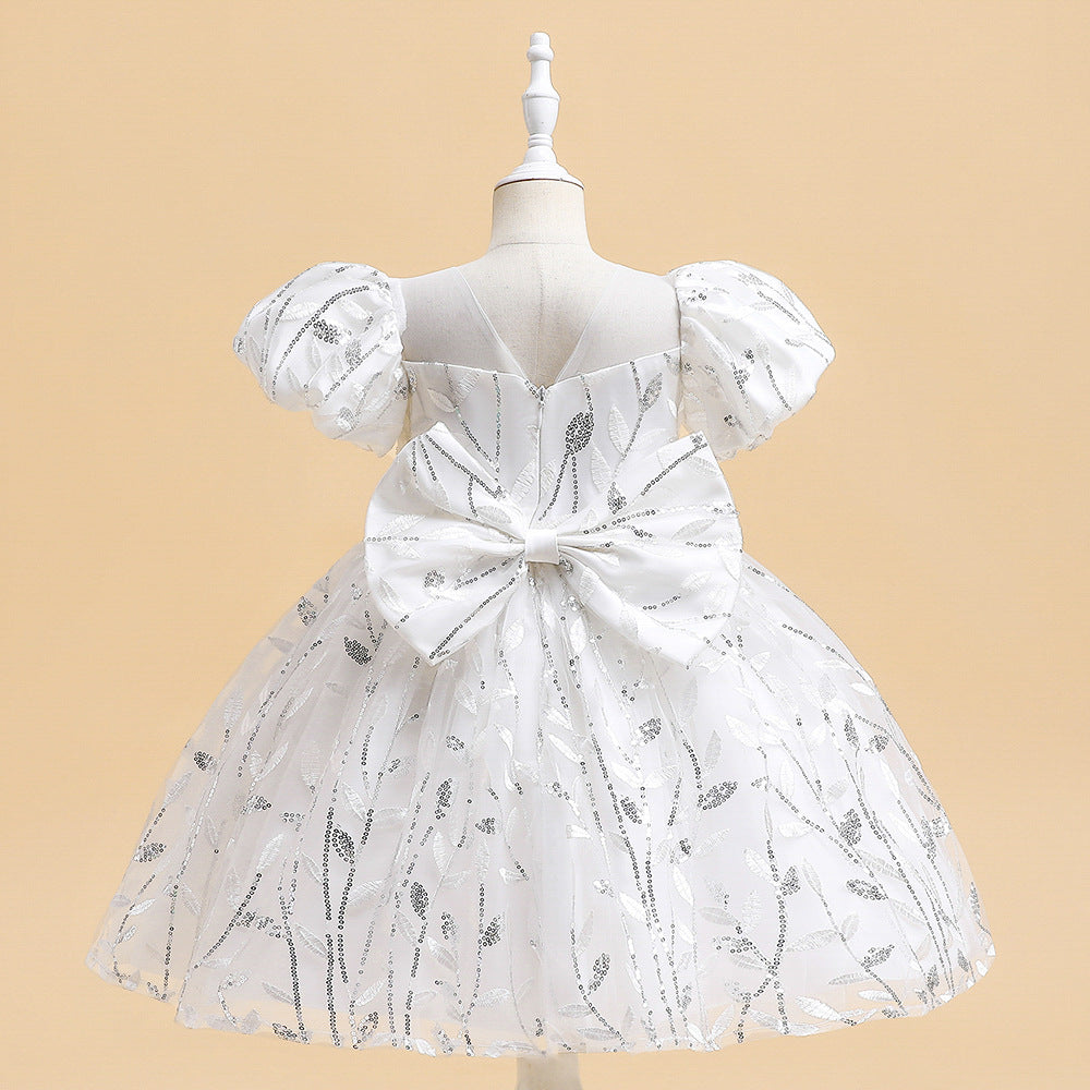 Princess Puffy Sleeve Bow Ball Gown Dress – Tea Length Flower Girl Party Gown
