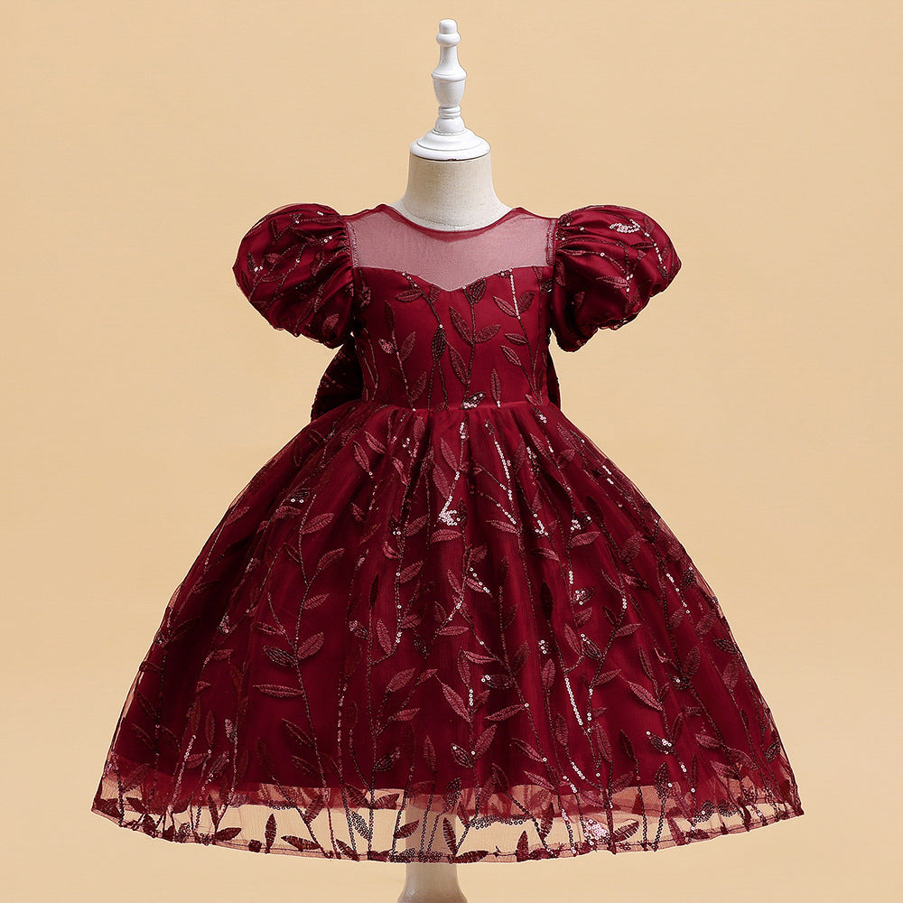 Princess Puffy Sleeve Bow Ball Gown Dress – Tea Length Flower Girl Party Gown