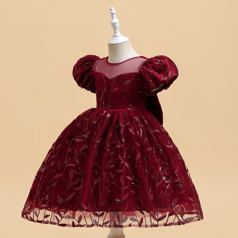 Princess Puffy Sleeve Bow Ball Gown Dress – Tea Length Flower Girl Party Gown
