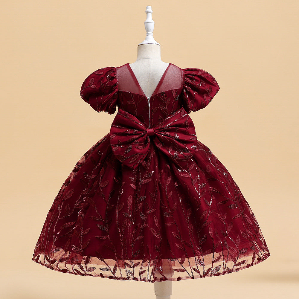 Princess Puffy Sleeve Bow Ball Gown Dress – Tea Length Flower Girl Party Gown
