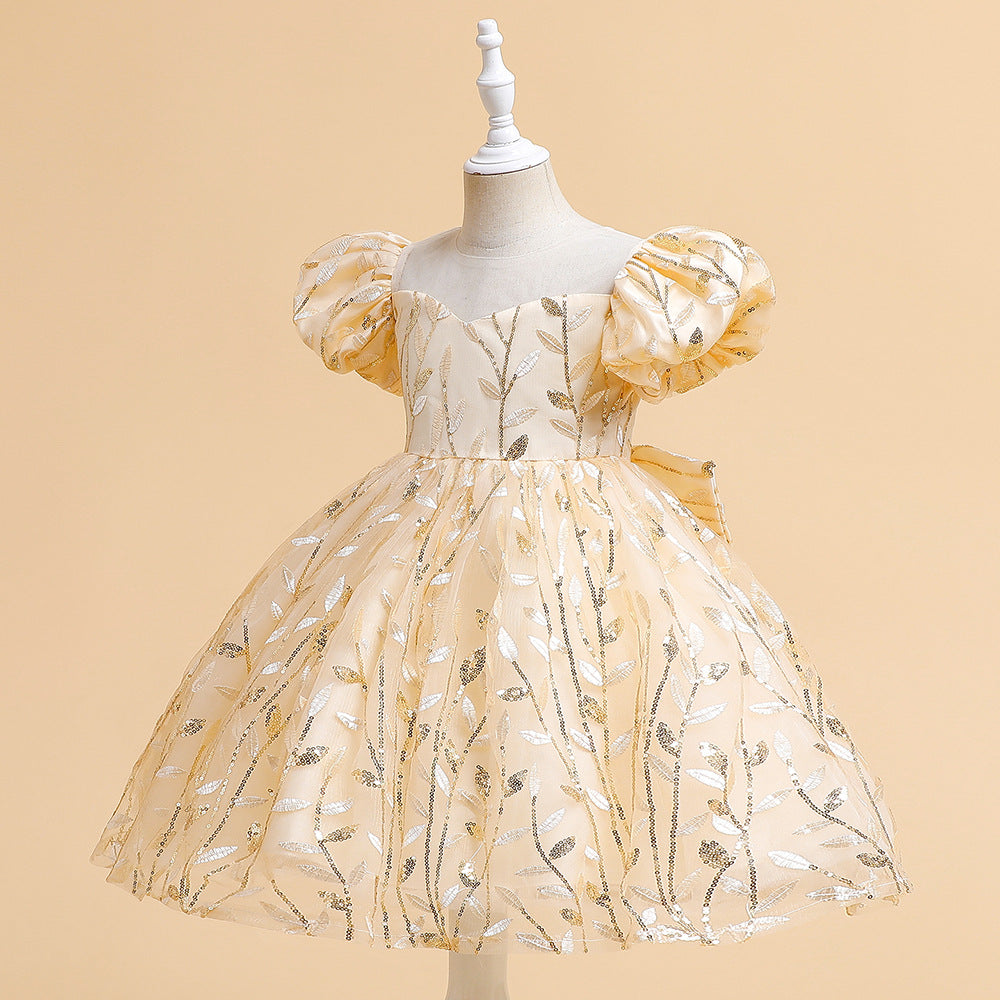 Princess Puffy Sleeve Bow Ball Gown Dress – Tea Length Flower Girl Party Gown