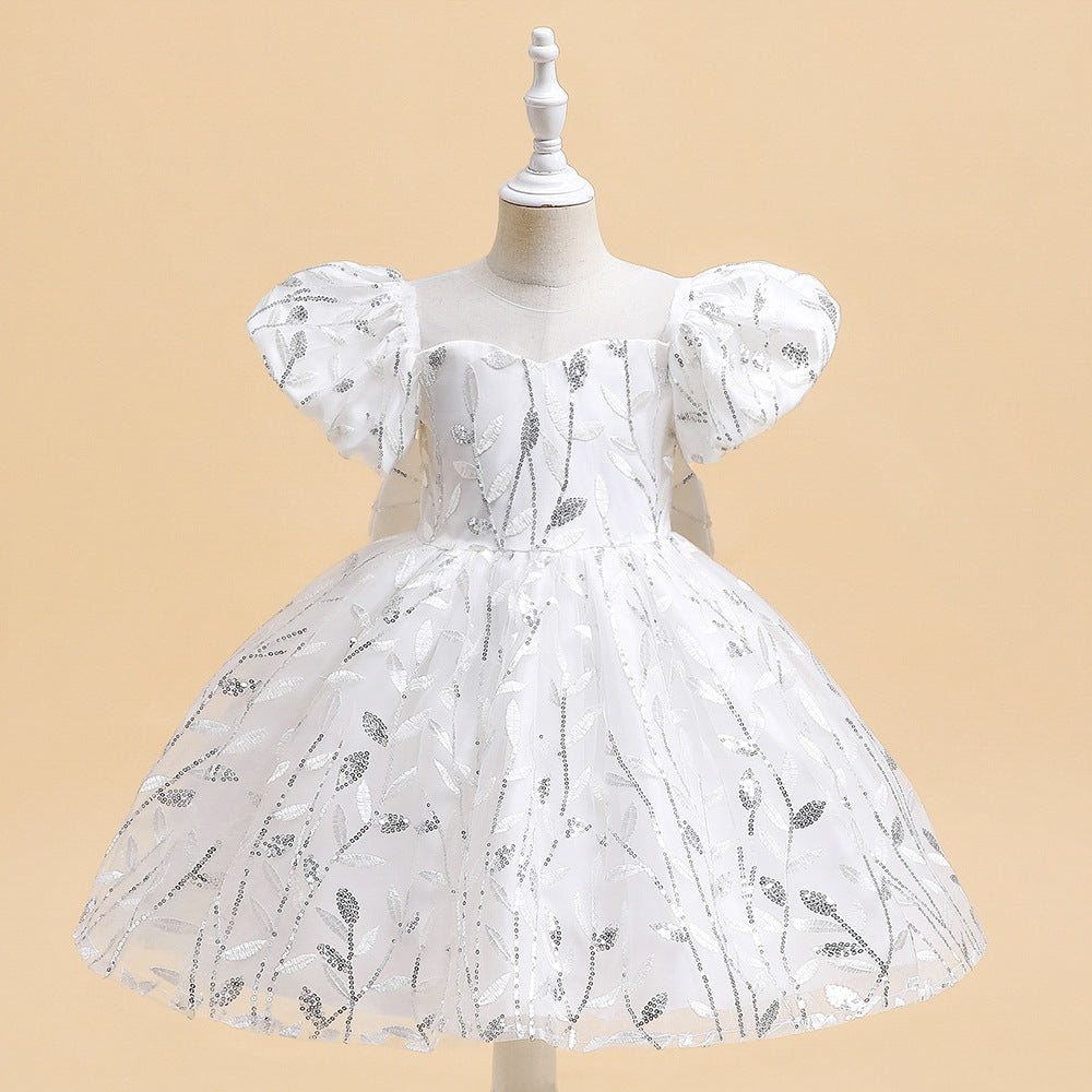 Princess Puffy Sleeve Bow Ball Gown Dress – Tea Length Flower Girl Party Gown