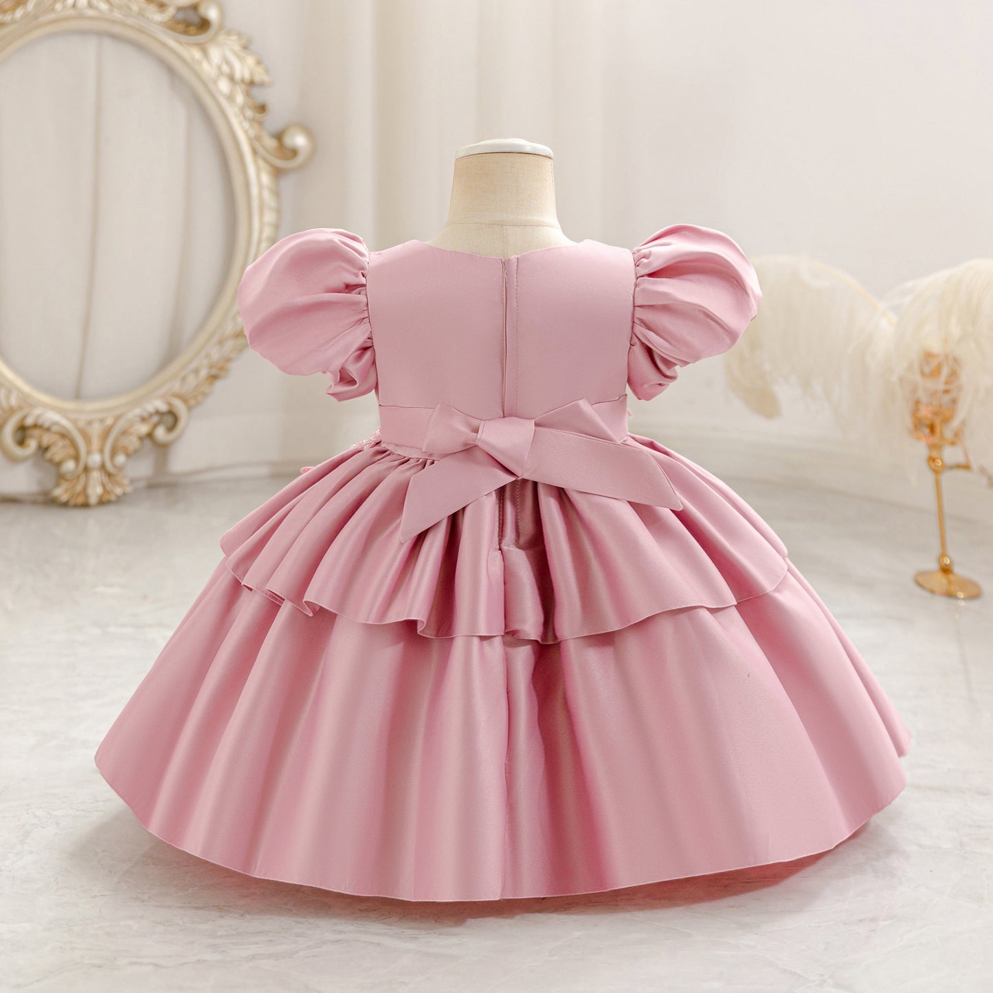 Princess Puff Sleeve Satin Ball Gown Dress for Toddlers with Lace, Square Neck, Tea Length