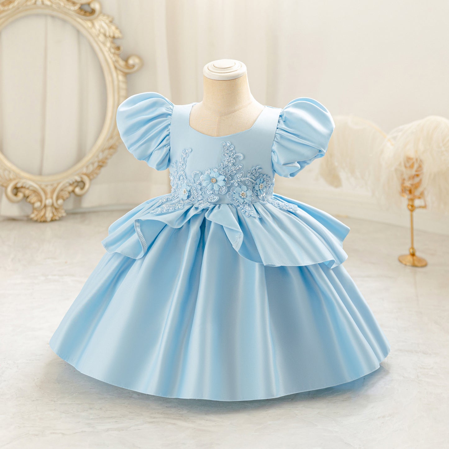 Princess Puff Sleeve Satin Ball Gown Dress for Toddlers with Lace, Square Neck, Tea Length