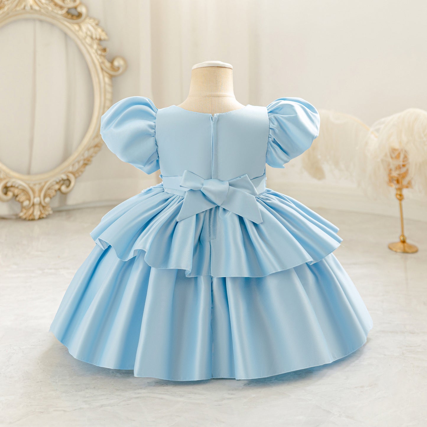 Princess Puff Sleeve Satin Ball Gown Dress for Toddlers with Lace, Square Neck, Tea Length