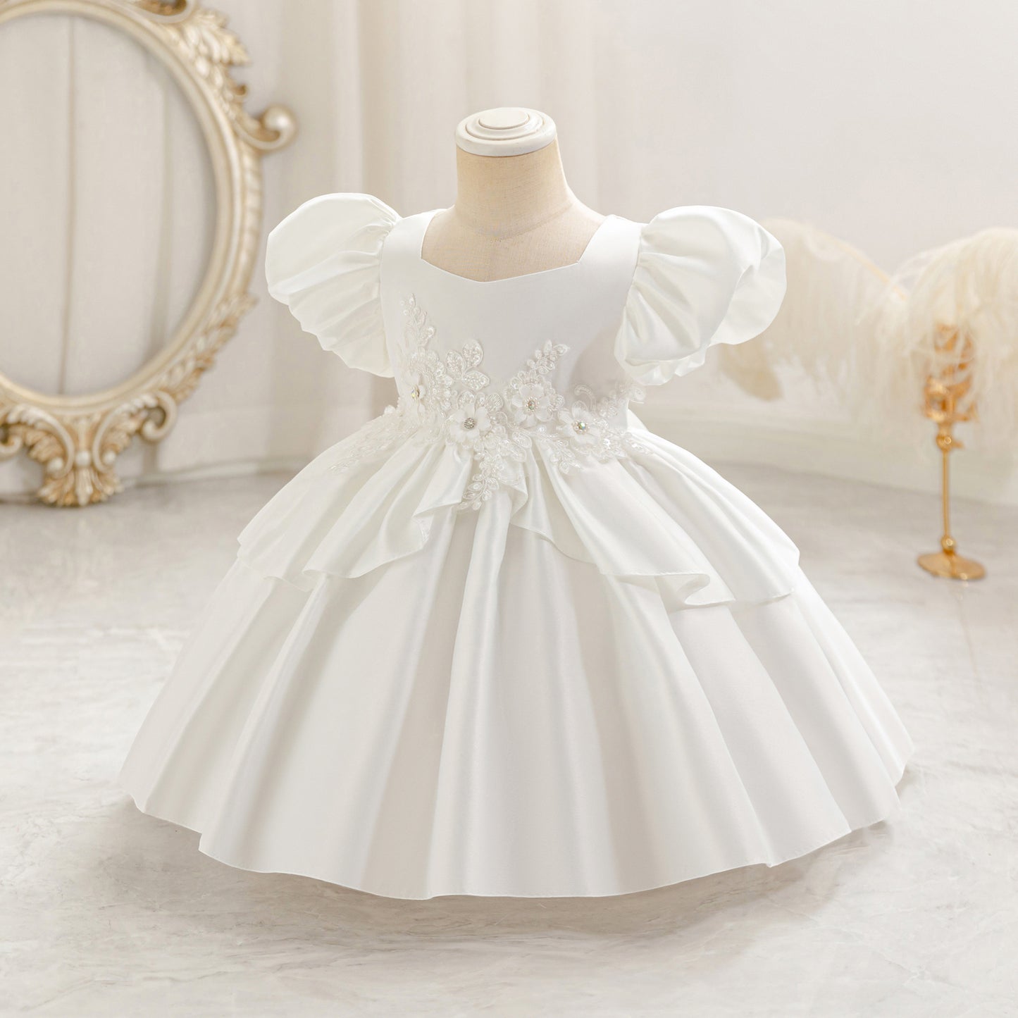 Princess Puff Sleeve Satin Ball Gown Dress for Toddlers with Lace, Square Neck, Tea Length