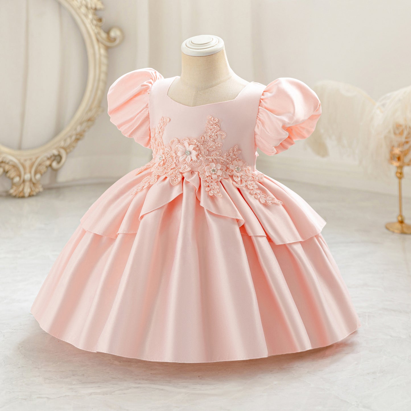Princess Puff Sleeve Satin Ball Gown Dress for Toddlers with Lace, Square Neck, Tea Length