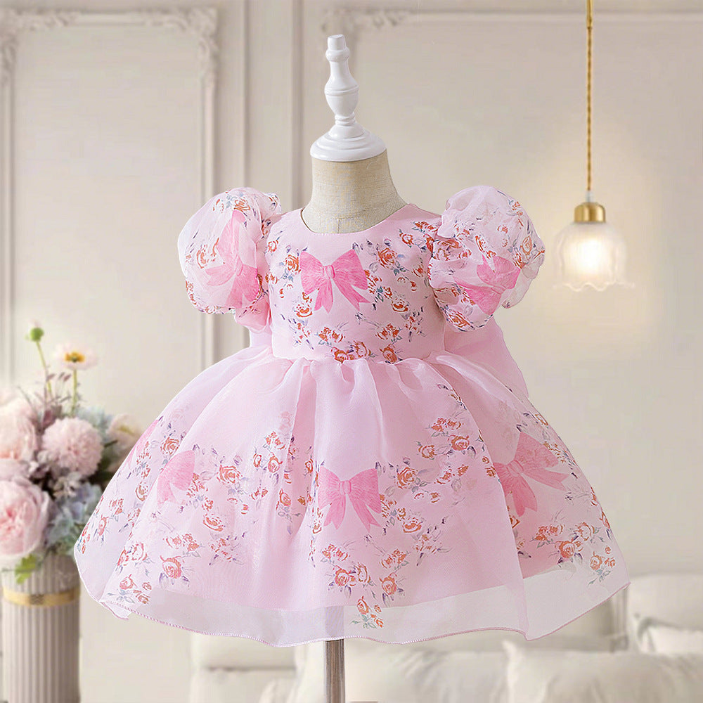 Girls Princess Puffy Mesh Floral Dress - Light Pink Ball Gown for Parties & Weddings