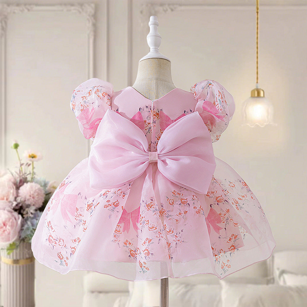 Girls Princess Puffy Mesh Floral Dress - Light Pink Ball Gown for Parties & Weddings