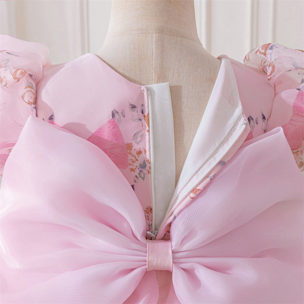 Girls Princess Puffy Mesh Floral Dress - Light Pink Ball Gown for Parties & Weddings