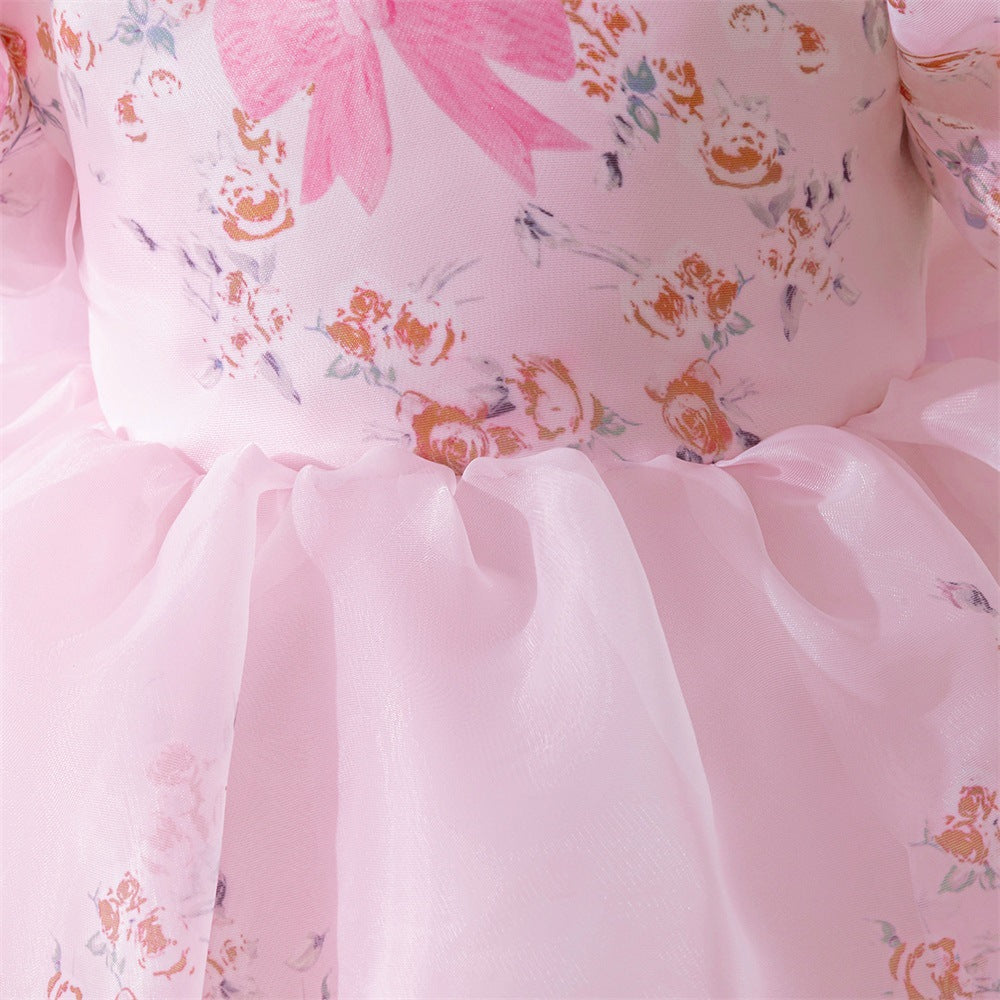 Girls Princess Puffy Mesh Floral Dress - Light Pink Ball Gown for Parties & Weddings