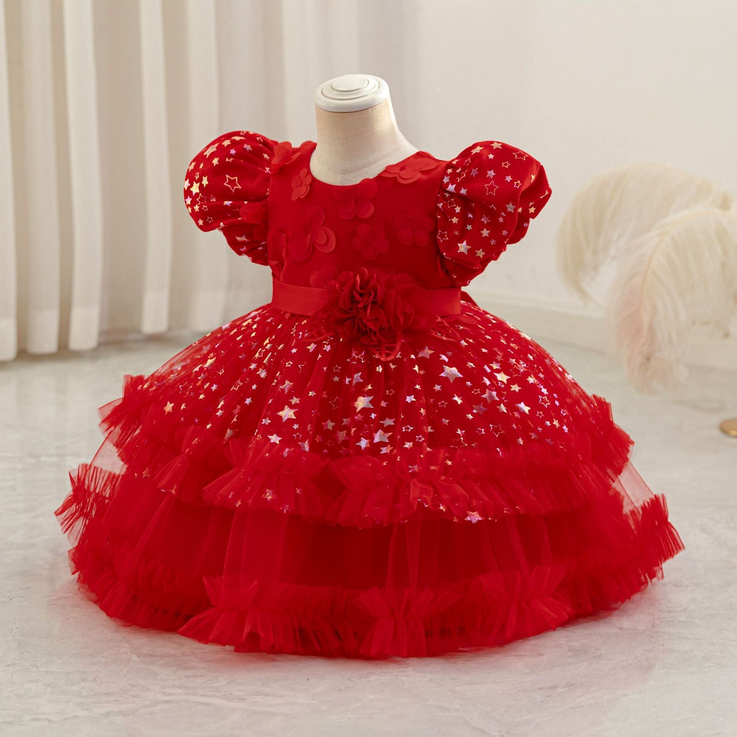 Princess Puffy Mesh Ball Gown Tea Length Dress for Girls | Formal & Party Wear