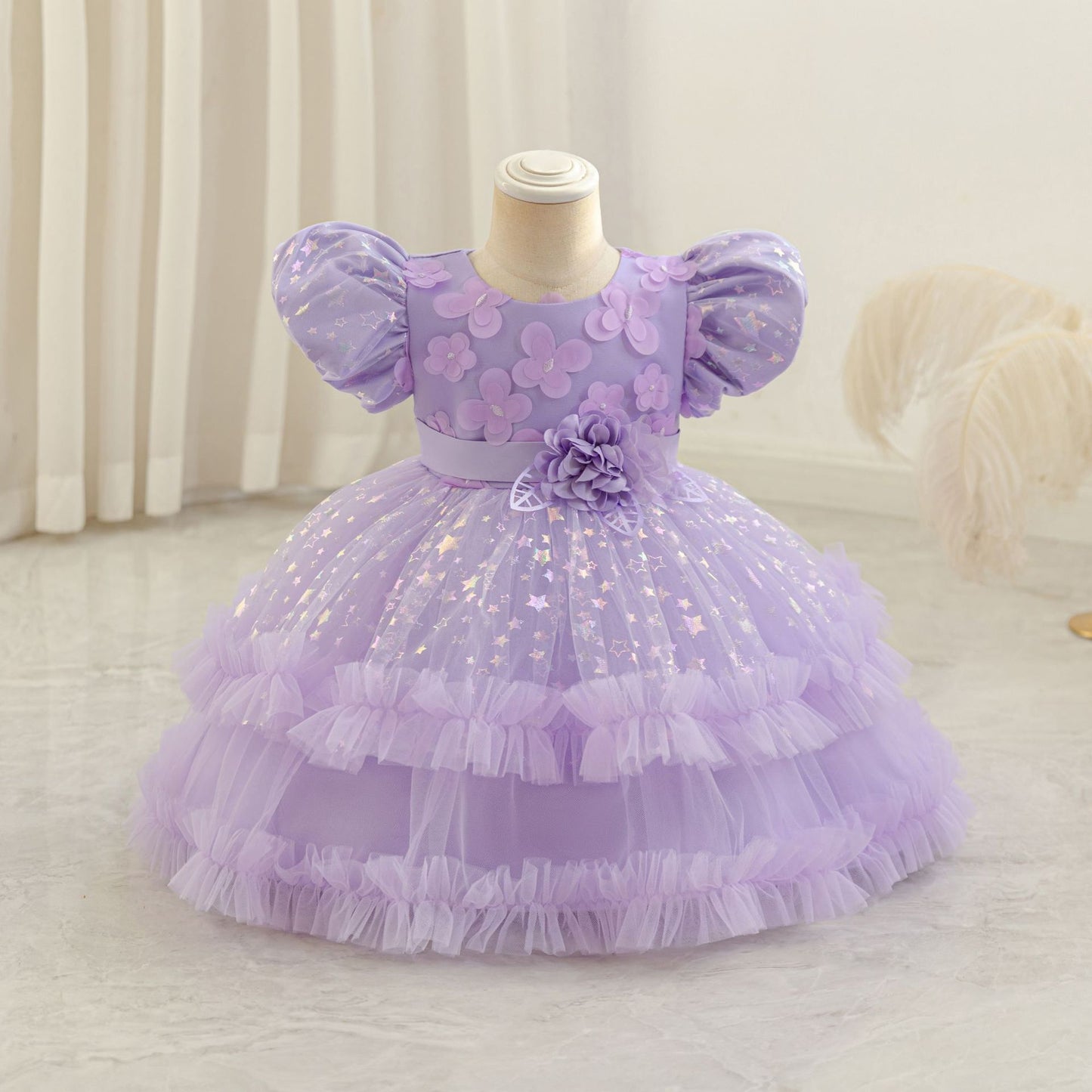 Princess Puffy Mesh Ball Gown Tea Length Dress for Girls | Formal & Party Wear