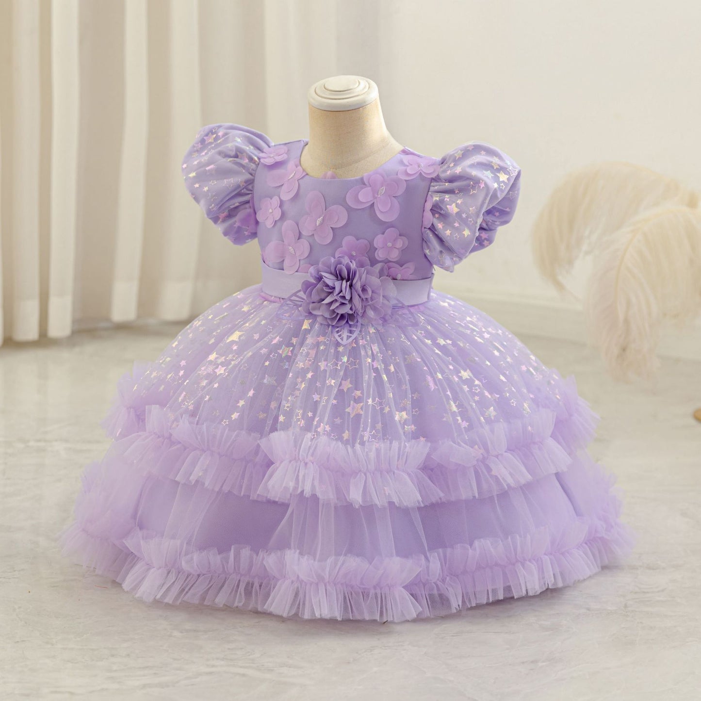 Princess Puffy Mesh Ball Gown Tea Length Dress for Girls | Formal & Party Wear