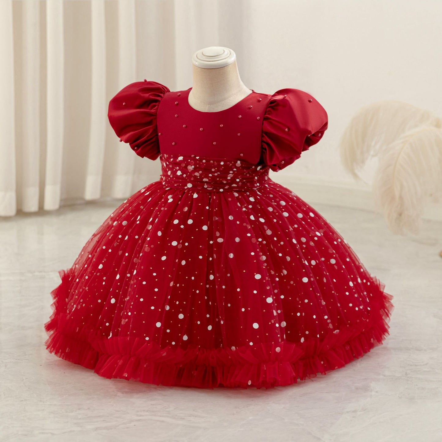 Girls Princess Ball Gown Mesh Dress with Sequins & Beads | Tea Length Party & Flower Girl Dress