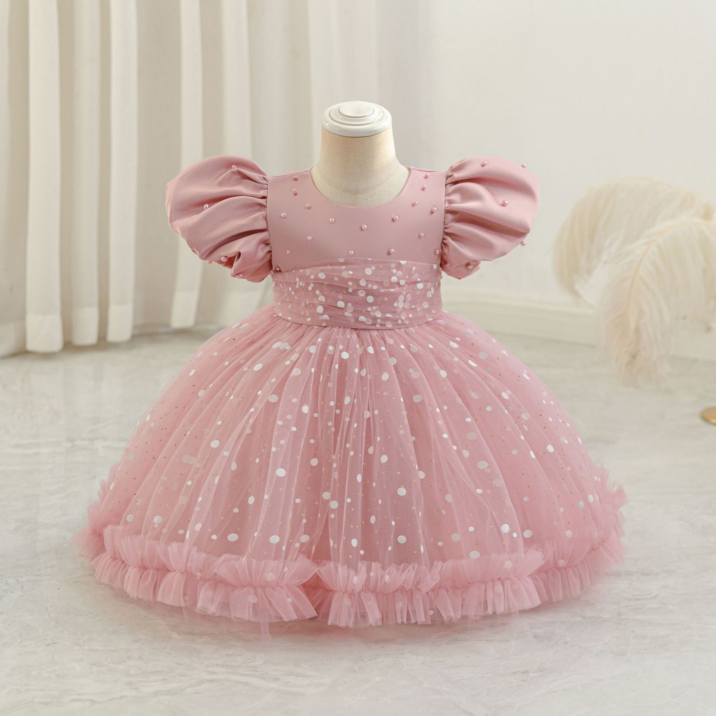 Girls Princess Ball Gown Mesh Dress with Sequins & Beads | Tea Length Party & Flower Girl Dress