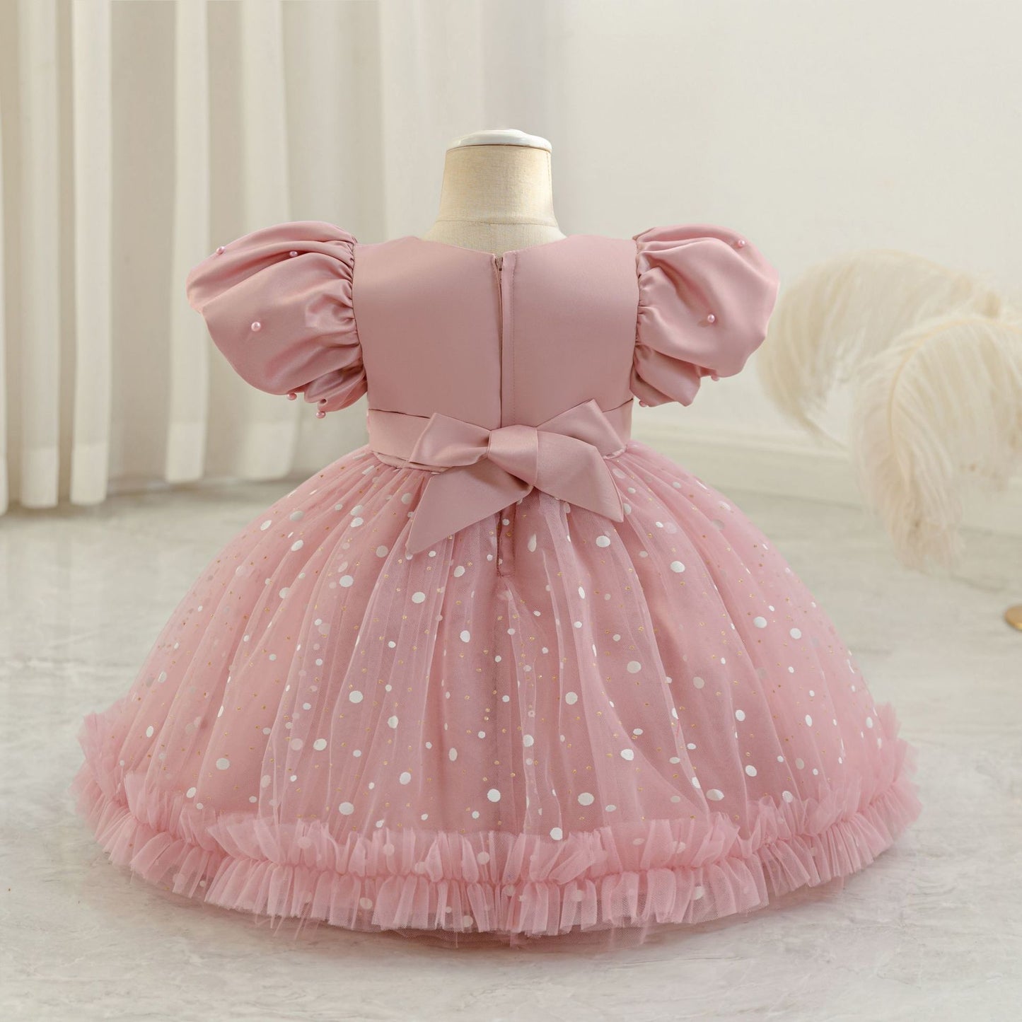Girls Princess Ball Gown Mesh Dress with Sequins & Beads | Tea Length Party & Flower Girl Dress