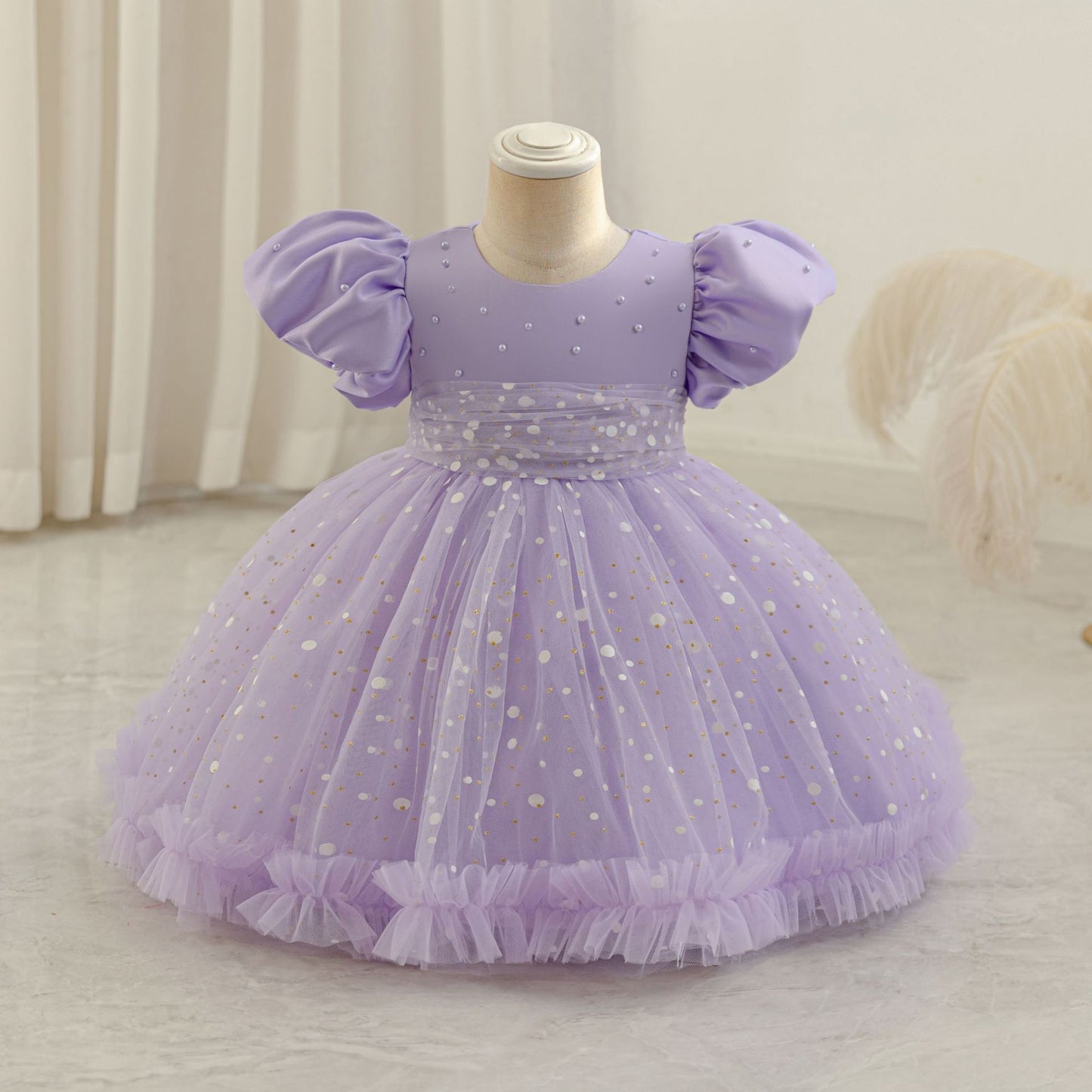 Girls Princess Ball Gown Mesh Dress with Sequins & Beads | Tea Length Party & Flower Girl Dress
