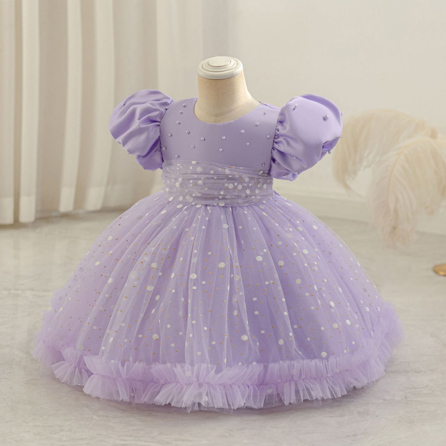 Girls Princess Ball Gown Mesh Dress with Sequins & Beads | Tea Length Party & Flower Girl Dress