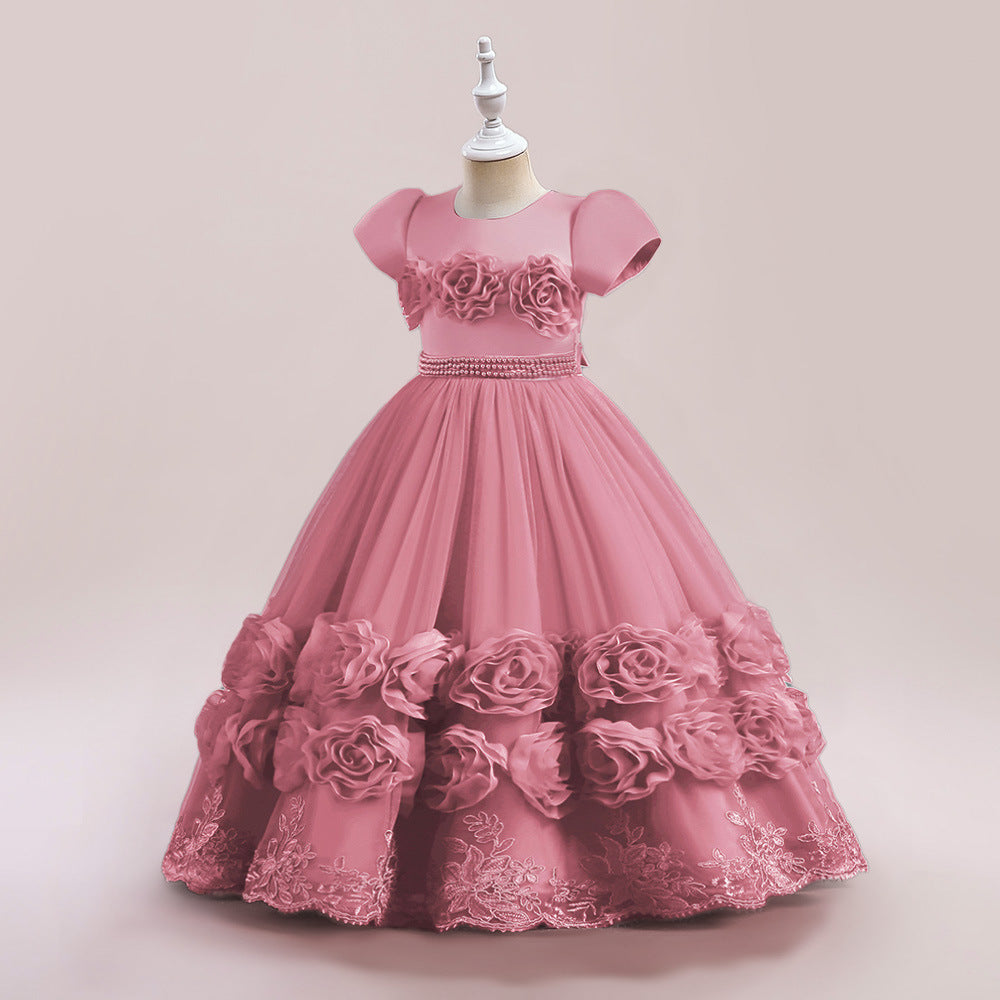 Princess Puffy Long Sleeve Ball Gown for Girls – Mesh Lace Maxi Occasion Dress