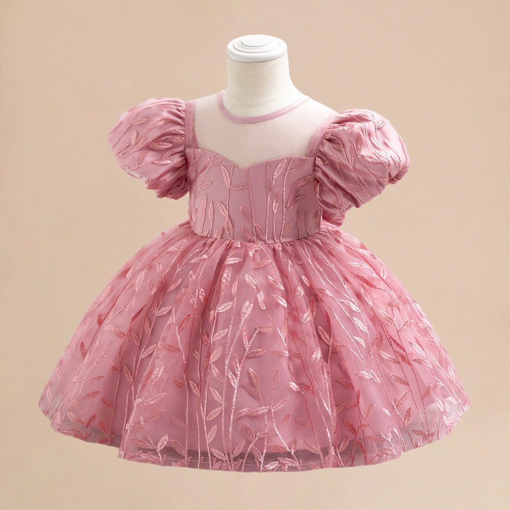 Princess Puffy Sleeve Flower Girl Dress – Pink Embroidered Ball Gown for Kids