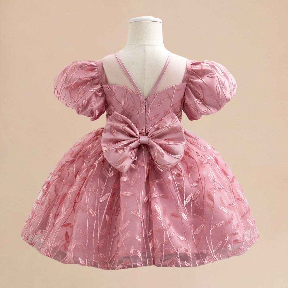 Princess Puffy Sleeve Flower Girl Dress – Pink Embroidered Ball Gown for Kids
